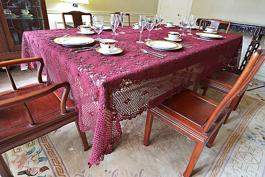 Festive Crochet Tablecloth. Merlot color.70x106"